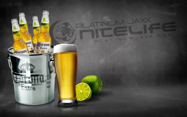 HD PC desktop wallpaper background: Corona beer drink scene — four Corona bottles in an ice bucket, a pint glass and lime halves on a dark man-made backdrop with 'NiteLife' logo.