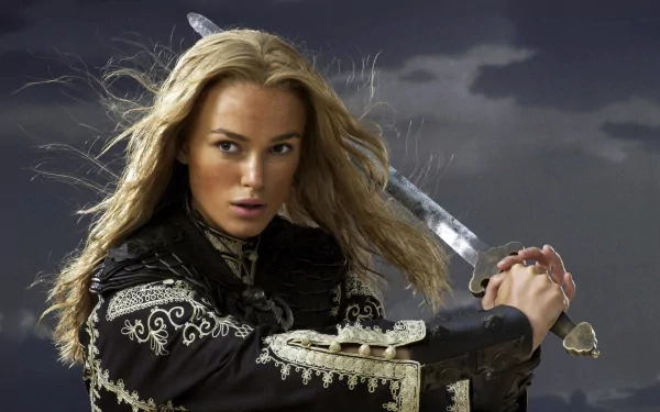 Elizabeth Swann, portrayed by Keira Knightley in Pirates of the Caribbean: At World's End, poised with a sword against a stormy sky in an HD desktop wallpaper.