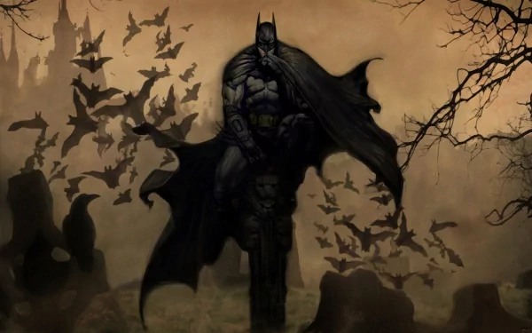 Batman stands ominously in a dark landscape, surrounded by swirling bats, captured in this HD wallpaper from the video game Batman: Arkham City.