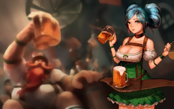 HD PC desktop wallpaper featuring Sona from League of Legends holding a mug of beer in a lively tavern setting from the video game League of Legends.