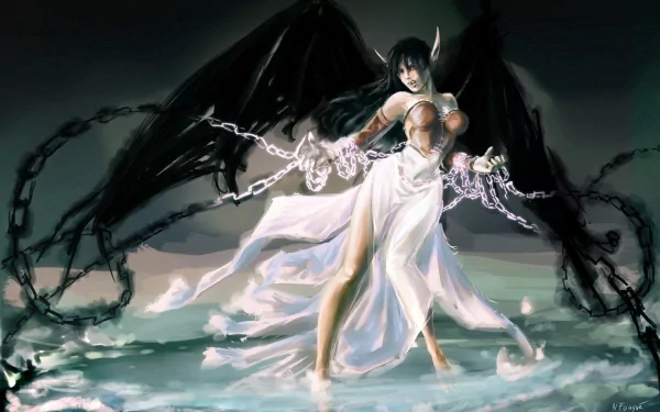 Morgana from League of Legends stands dramatically in water, wielding chains and showcasing her dark wings, creating a striking HD wallpaper for gaming enthusiasts.