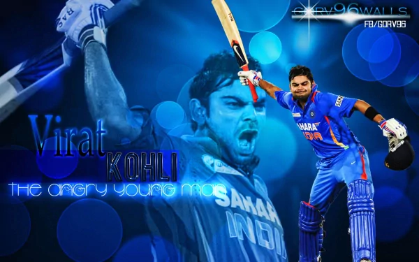 HD desktop wallpaper depicting cricket batsman Virat Kohli celebrating, with the angry young man text integrated into the background. Featured in dynamic blue tones, highlighting his energetic presence.