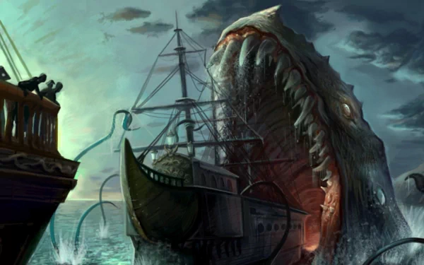 Fantasy sea monster HD PC desktop wallpaper and background: a colossal, jawed leviathan surging from stormy seas to swallow a sailing ship.