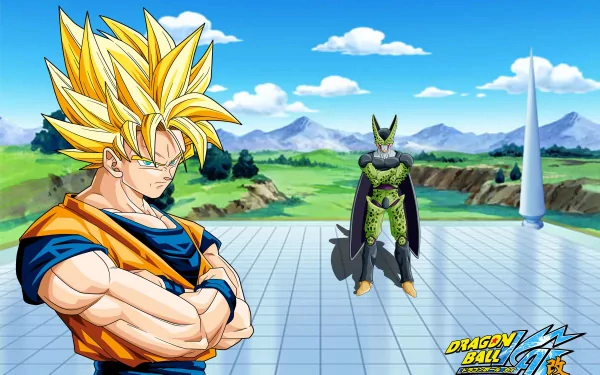 HD desktop wallpaper featuring Cell and Goku from Dragon Ball Z, set against a scenic landscape with mountains and clear skies. Goku stands in the foreground while Cell is positioned in the background.