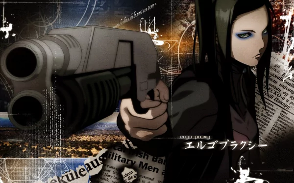An HD desktop wallpaper featuring a character from Ergo Proxy, holding a gun, with a striking backdrop of abstract designs and layered text elements.