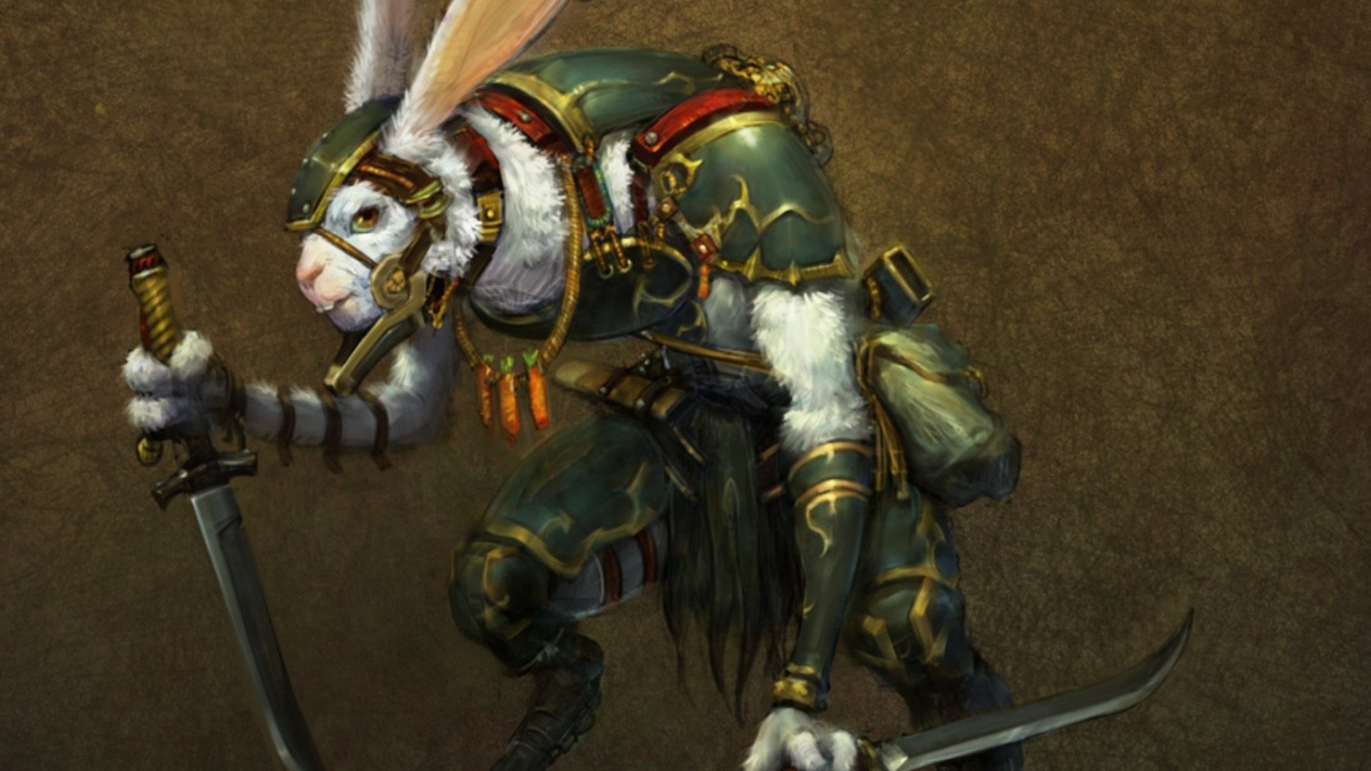Man-made HD PC desktop wallpaper of a Dungeons & Dragons–style armored rabbit warrior in green-and-gold plating, crouched and gripping two blades.