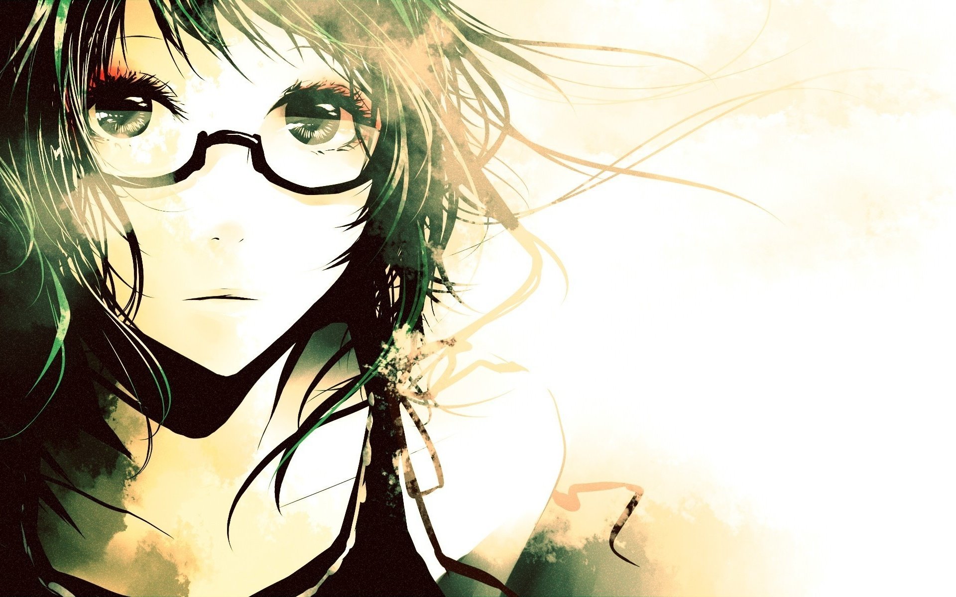 HD PC desktop wallpaper of GUMI (Vocaloid): anime-style close-up with glasses, windswept green hair and soft watercolor lighting on a pale, airy background.