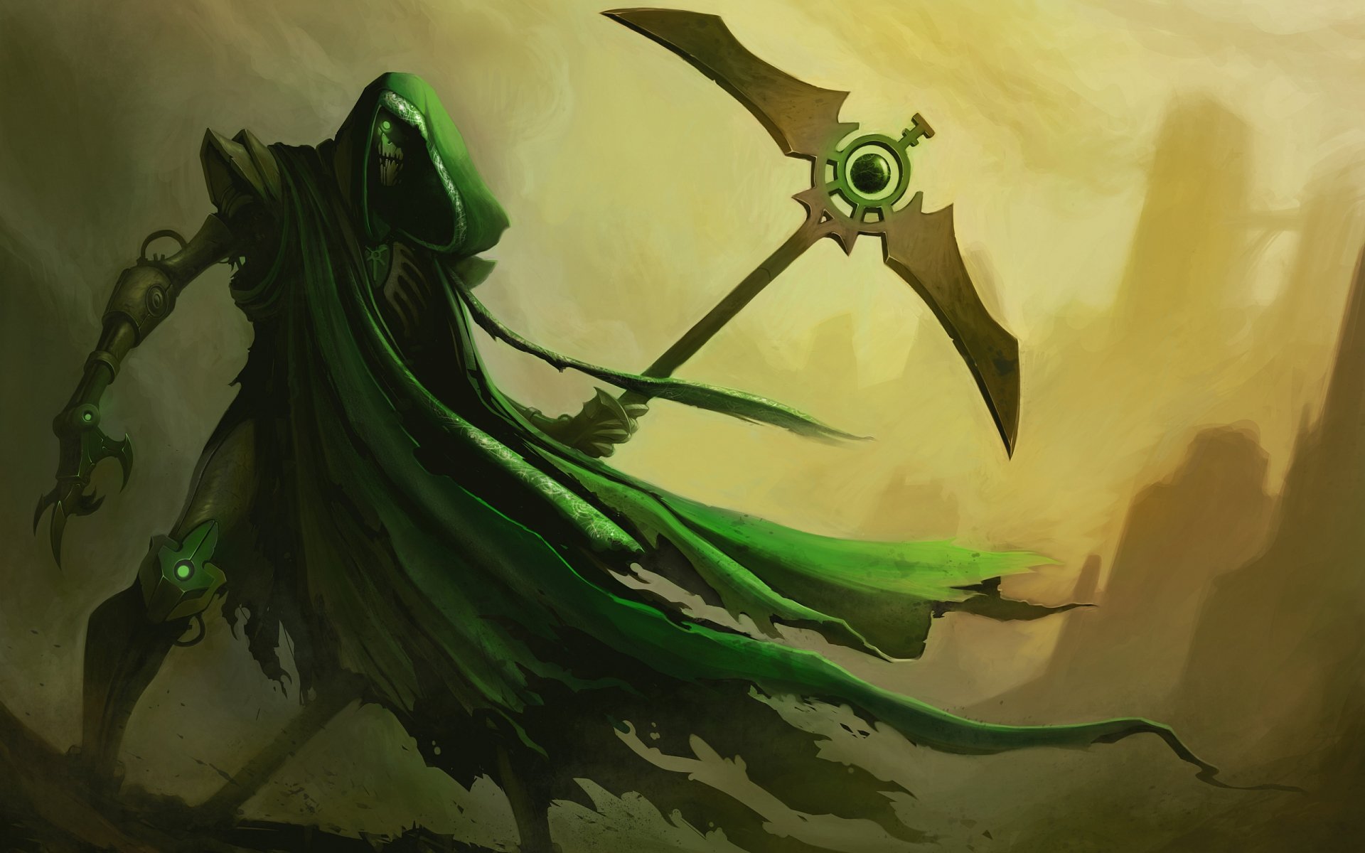 HD PC desktop wallpaper featuring a mysterious Warhammer character cloaked in green, wielding a large mechanical scythe, set against a smoky, atmospheric background.