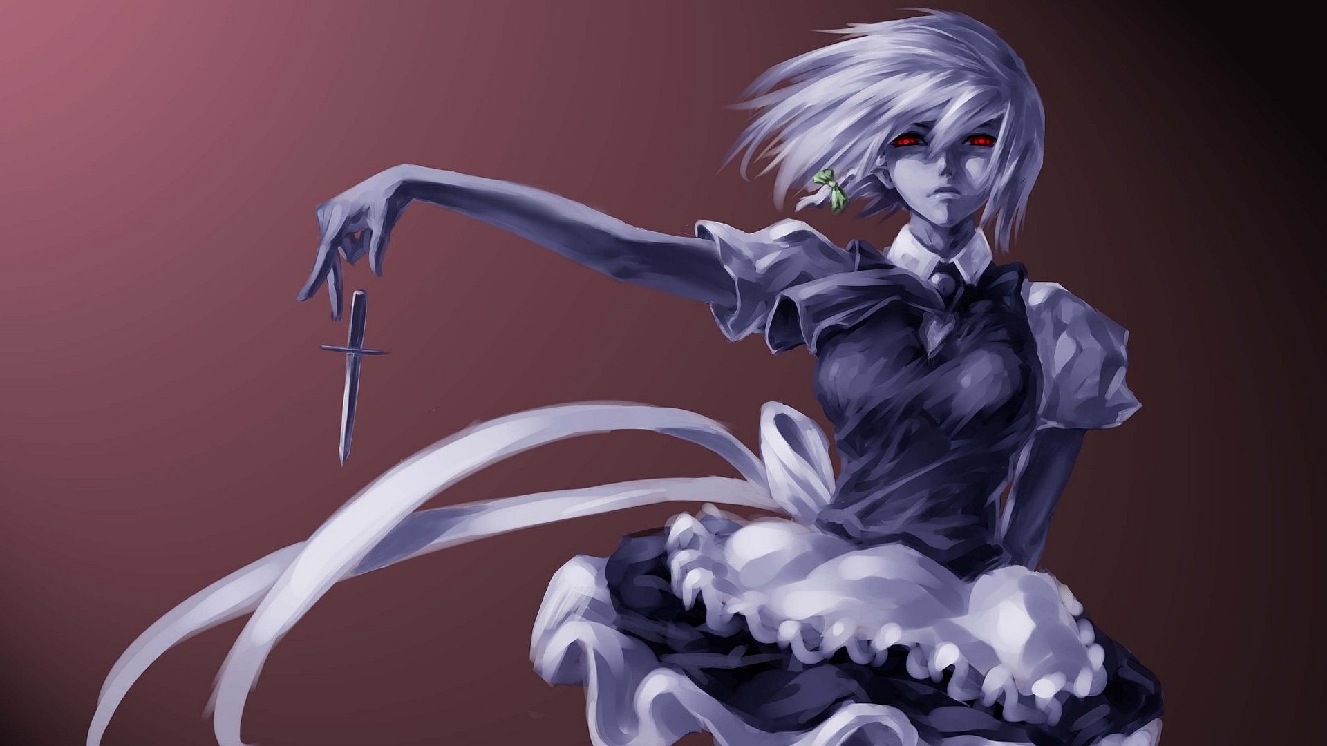 Sakuya Izayoi from the Touhou series stands poised with a dagger, her striking presence captured in this HD anime wallpaper. A blend of elegance and intensity fills the scene.
