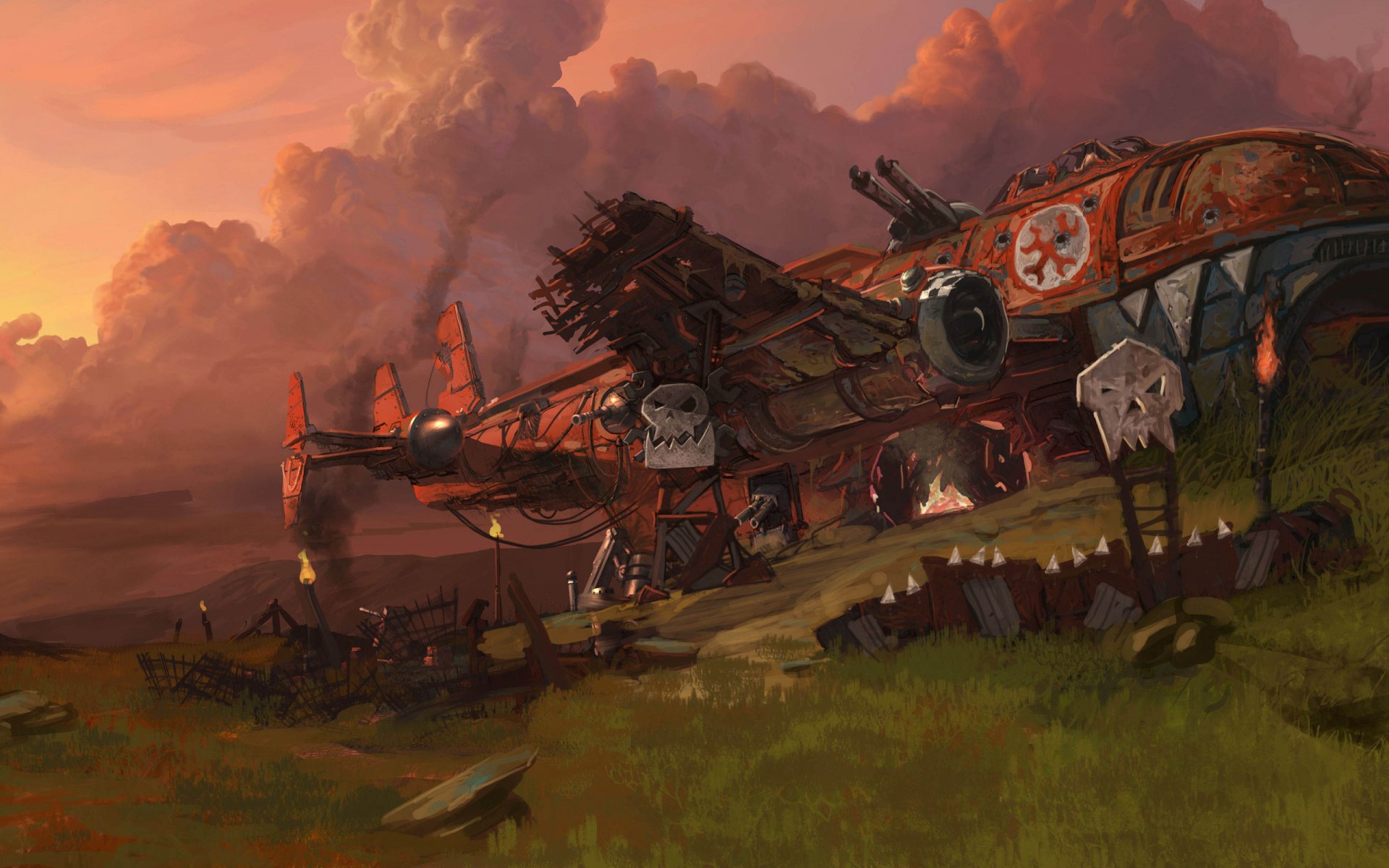 HD PC desktop wallpaper depicting a Warhammer video game scene with a warplane on a grassy battlefield under a fiery orange sky.