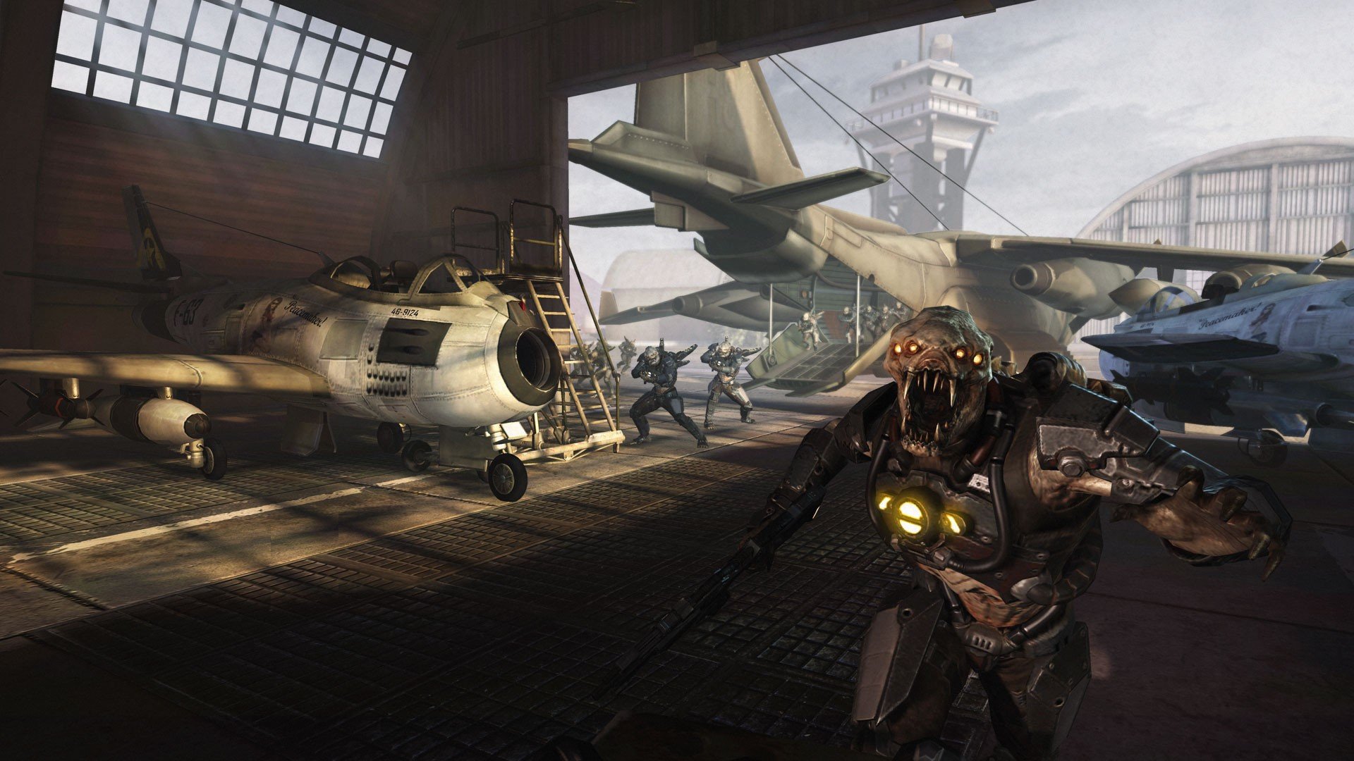 HD PC desktop wallpaper/background from the video game Resistance: Fall of Man — a Chimera alien attacks soldiers in a ruined aircraft hangar among grounded planes.
