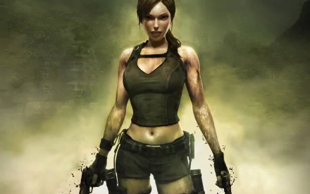 HD PC desktop wallpaper featuring Lara Croft from the Tomb Raider video game, shown in a strong pose with a smoky background.