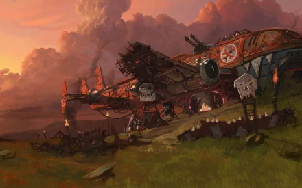 HD PC desktop wallpaper depicting a Warhammer video game scene with a warplane on a grassy battlefield under a fiery orange sky.