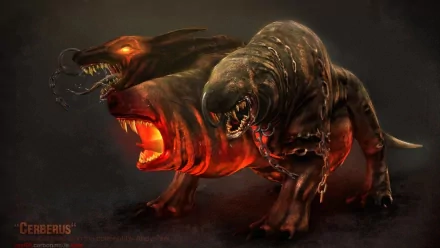 A stunning HD wallpaper featuring a fierce fantasy depiction of Cerberus, the three-headed dog, showcasing its menacing features and fiery eyes against a dark background.