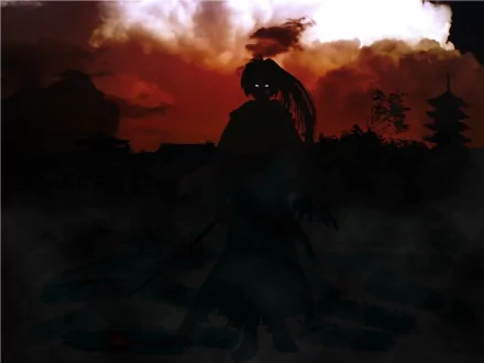 A dramatic HD wallpaper featuring Kenshin Himura from the anime Rurouni Kenshin, silhouetted against a fiery sunset, evoking a sense of mystery and intensity.