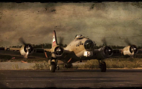 A Boeing B-17 Flying Fortress taxiing, captured in a vintage-style HD wallpaper. The military aircraft showcases its iconic design against a dramatic sky.
