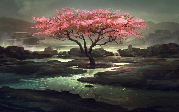 Artístico Oriental Paisaje Pintoresco Árbol Flor Rock Lago Fondo de pantalla HD | Fondo de Escritorio