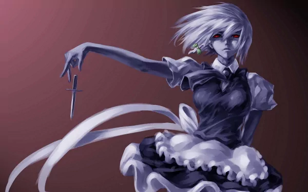 Sakuya Izayoi from the Touhou series stands poised with a dagger, her striking presence captured in this HD anime wallpaper. A blend of elegance and intensity fills the scene.