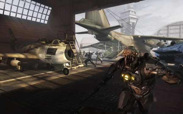HD PC desktop wallpaper/background from the video game Resistance: Fall of Man — a Chimera alien attacks soldiers in a ruined aircraft hangar among grounded planes.