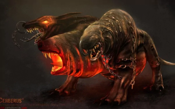 A stunning HD wallpaper featuring a fierce fantasy depiction of Cerberus, the three-headed dog, showcasing its menacing features and fiery eyes against a dark background.