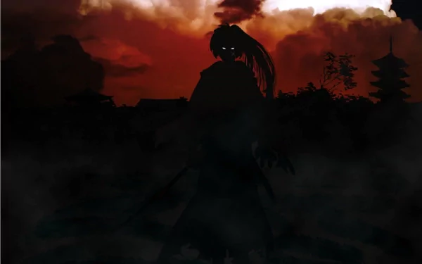 A dramatic HD wallpaper featuring Kenshin Himura from the anime Rurouni Kenshin, silhouetted against a fiery sunset, evoking a sense of mystery and intensity.