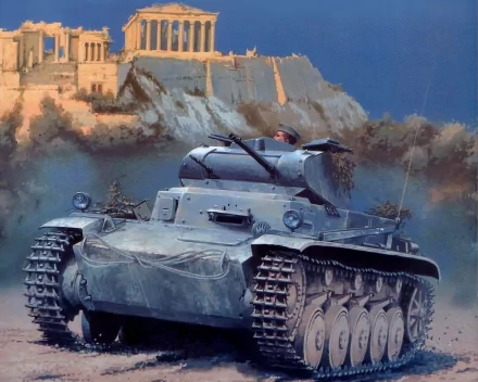 HD PC desktop wallpaper featuring a detailed military Panzer II tank advancing with a historic fortress backdrop under clear blue skies.