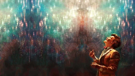 A vibrant HD desktop wallpaper from the TV show Doctor Who (2005), featuring a character gazing up in awe at a dazzling display of lights in a cosmic backdrop.