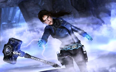 HD PC desktop wallpaper from the video game Tomb Raider, featuring Lara Croft wielding a glowing hammer in a dark, misty cave setting.