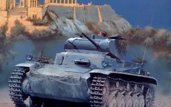 HD PC desktop wallpaper featuring a detailed military Panzer II tank advancing with a historic fortress backdrop under clear blue skies.