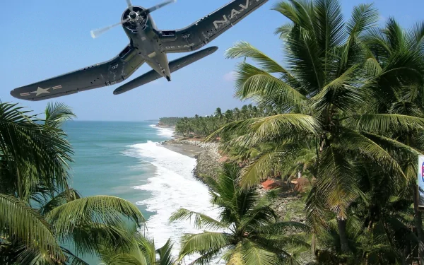 HD desktop wallpaper featuring a military Vought F4U Corsair flying low over a tropical coastline with palm trees and ocean waves below.