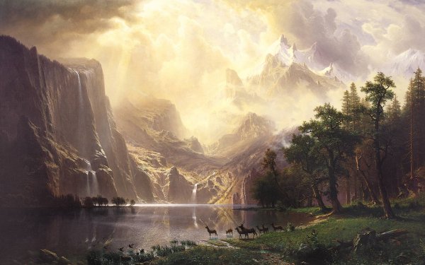 Artístico Paisaje Montaña Cascada Lago Venado Bosque Cielo Fondo de pantalla HD | Fondo de Escritorio