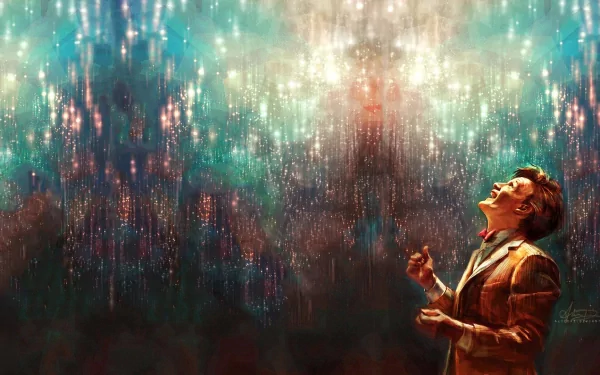 A vibrant HD desktop wallpaper from the TV show Doctor Who (2005), featuring a character gazing up in awe at a dazzling display of lights in a cosmic backdrop.