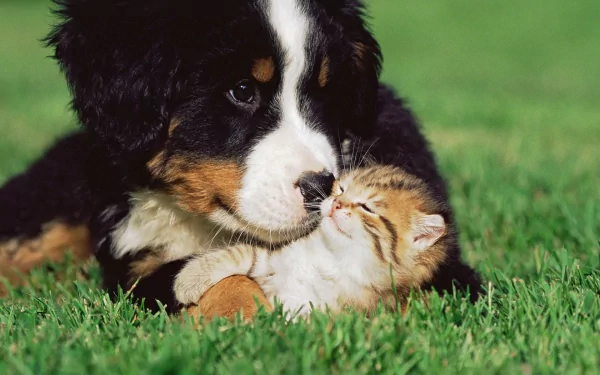 HD desktop wallpaper featuring a cute puppy gently nuzzling a small kitten on vibrant green grass.