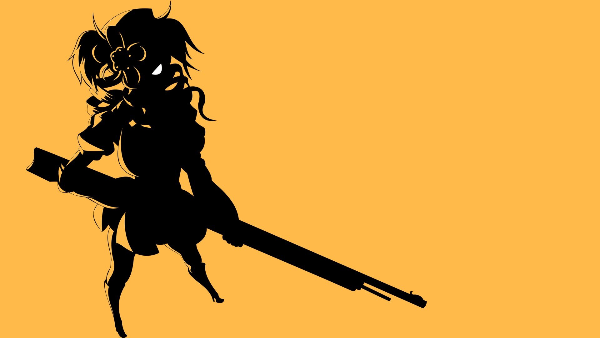 Silhouette of Mami Tomoe (Puella Magi Madoka Magica) wielding a long rifle against an orange backdrop — HD anime PC desktop wallpaper/background.