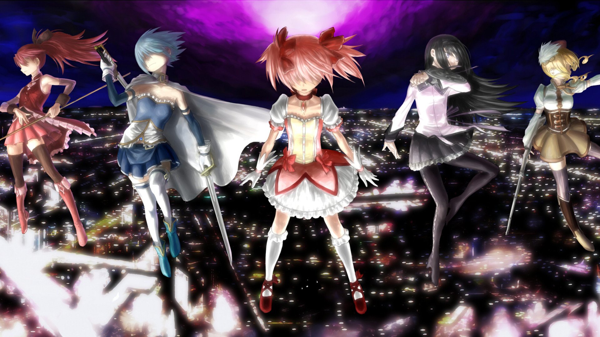 A vibrant HD wallpaper featuring the five iconic characters from Puella Magi Madoka Magica: Sayaka Miki, Mami Tomoe, Kyōko Sakura, Madoka Kaname, and Homura Akemi, against a dramatic skyline.