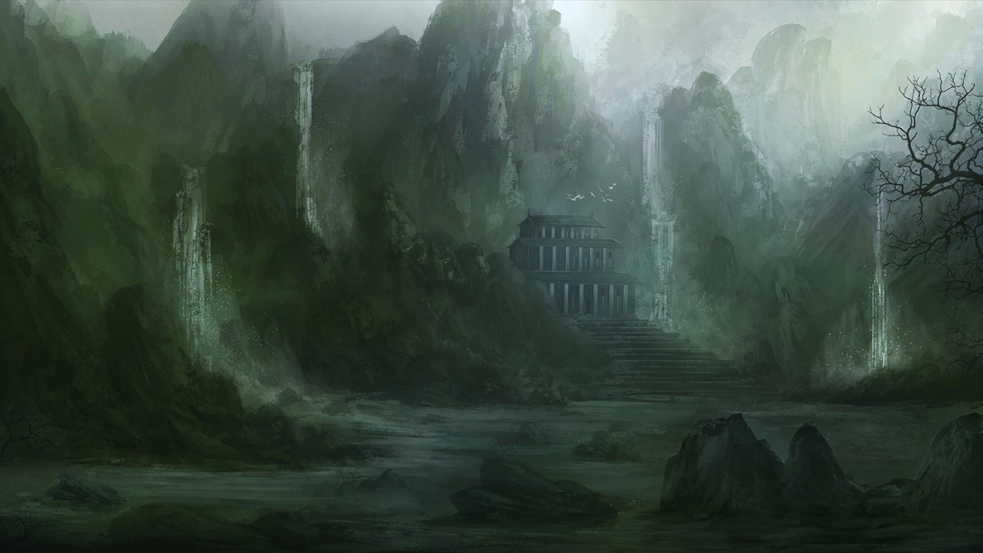 HD PC desktop wallpaper featuring a misty fantasy landscape with towering mountains, cascading waterfalls, and an ancient temple nestled among the cliffs.