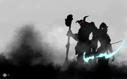 HD PC desktop wallpaper featuring silhouetted League of Legends champions Ashe and Nasus, set against a smoky, minimalist background.