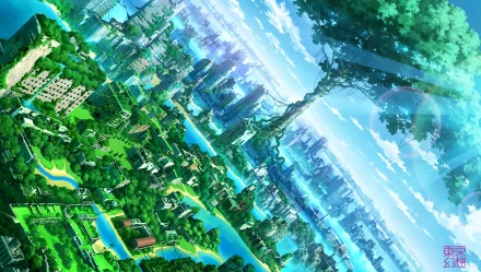 A vibrant anime landscape featuring a lush tree towering over a modern city, surrounded by serene waterways and a bright blue sky, showcasing a harmonious blend of nature and urban life.