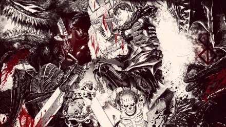 HD PC desktop wallpaper featuring Beherit, Skull Knight, and Guts from the anime Berserk in a dynamic, intense composition with dark, detailed artwork.