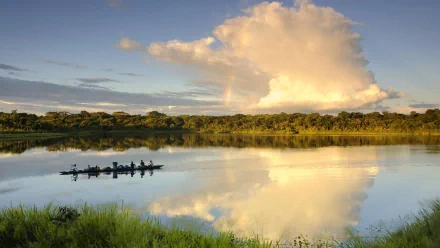 cloud people yasuni national park Ecuador reflection river boat photography scenic HD Desktop Wallpaper | Background Image