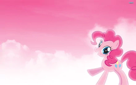 HD desktop wallpaper featuring Pinkie Pie from My Little Pony: Friendship Is Magic against a soft pink sky with magical, whimsical vibes.
