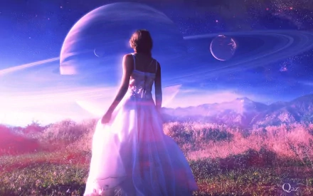 Sci-fi HD PC desktop wallpaper: woman in a flowing white gown stands in a purple alien field, gazing at ringed planets and moons under a luminous, starry sky