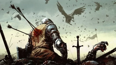 HD desktop wallpaper depicting a battle scene from the video game Imperia Online. A fallen knight with arrows in his back sits amidst a grim battlefield, with birds circling overhead.