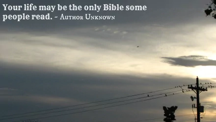 Inspirational Christian desktop wallpaper depicting a sunset sky with a quote: Your life may be the only Bible some people read. —Author Unknown, accompanied by silhouettes of powerlines and birds.