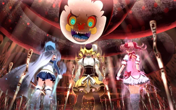 Charlotte from Puella Magi Madoka Magica looms ominously over Sayaka Miki, Mami Tomoe, and Madoka Kaname, creating a dramatic scene in this HD anime wallpaper.