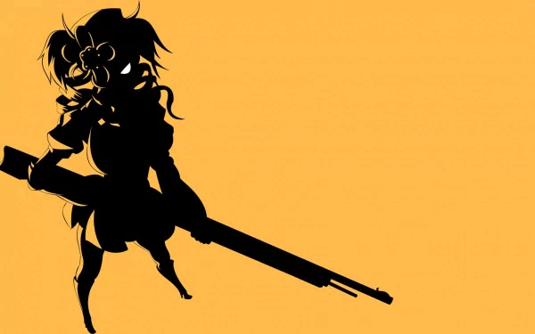 Silhouette of Mami Tomoe (Puella Magi Madoka Magica) wielding a long rifle against an orange backdrop — HD anime PC desktop wallpaper/background.