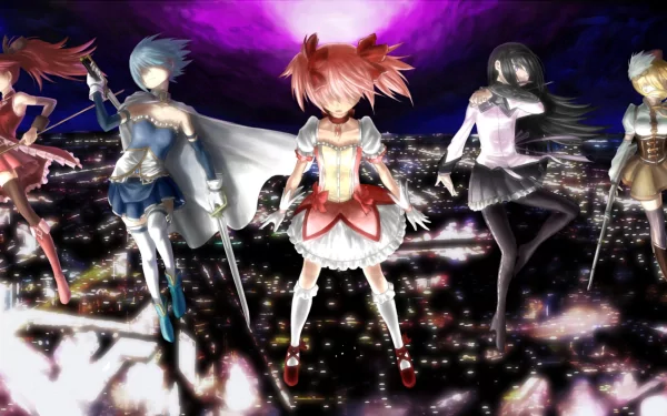 A vibrant HD wallpaper featuring the five iconic characters from Puella Magi Madoka Magica: Sayaka Miki, Mami Tomoe, Kyōko Sakura, Madoka Kaname, and Homura Akemi, against a dramatic skyline.