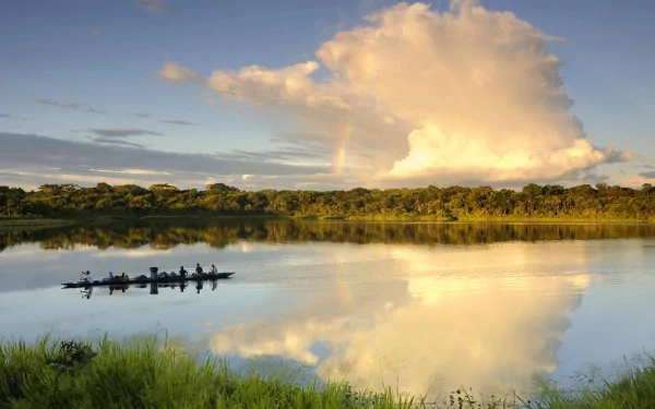 cloud people yasuni national park Ecuador reflection river boat photography scenic HD Desktop Wallpaper | Background Image