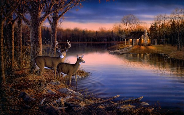 Artistic Fall Painting Deer Nature Forest Tree Lake Water Boat House HD Wallpaper | Background Image