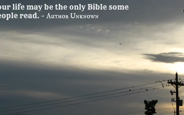 Inspirational Christian desktop wallpaper depicting a sunset sky with a quote: Your life may be the only Bible some people read. —Author Unknown, accompanied by silhouettes of powerlines and birds.